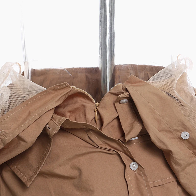 [EAM] Women Pleated Mesh Irregular Stitch Shirt Dress New Lapel Long Sleeve Loose Fit Fashion Tide Spring Autumn 2020 1Z823