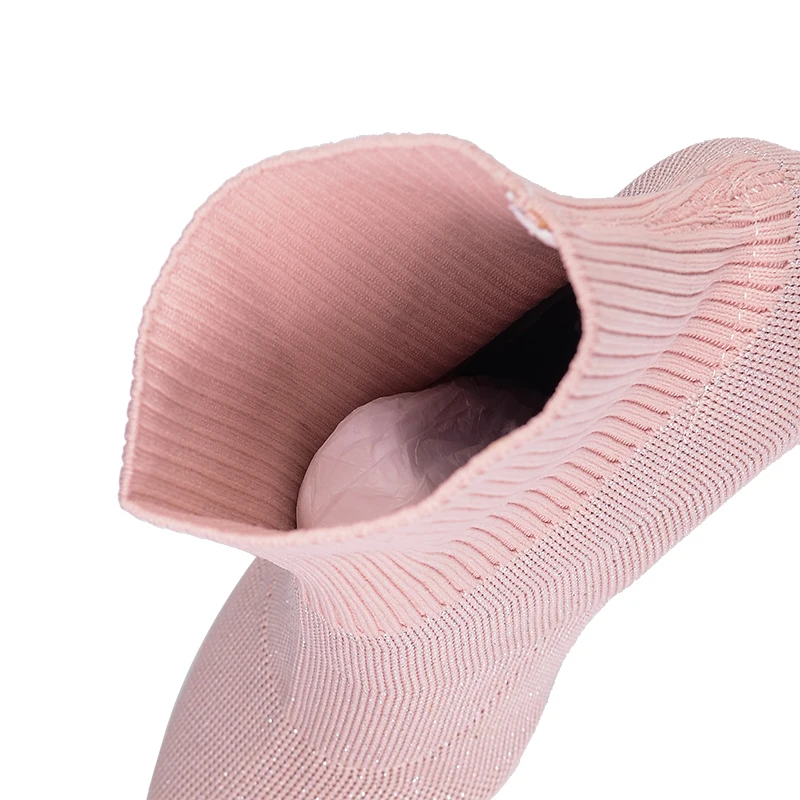 Najtaniej Czarne różowe skarpetki buty dzianiny Stretch damskie botki 2019 eleganckie szpiczasty nosek średni obcas buty damskie botki metalowe pięty