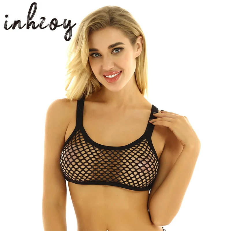 

Women Fishnet Sheer Mesh See Through Sexy Crop Tops Spaghetti Straps Solid Color Bodycon Mini Camisole Beach Rave Party Clubwear