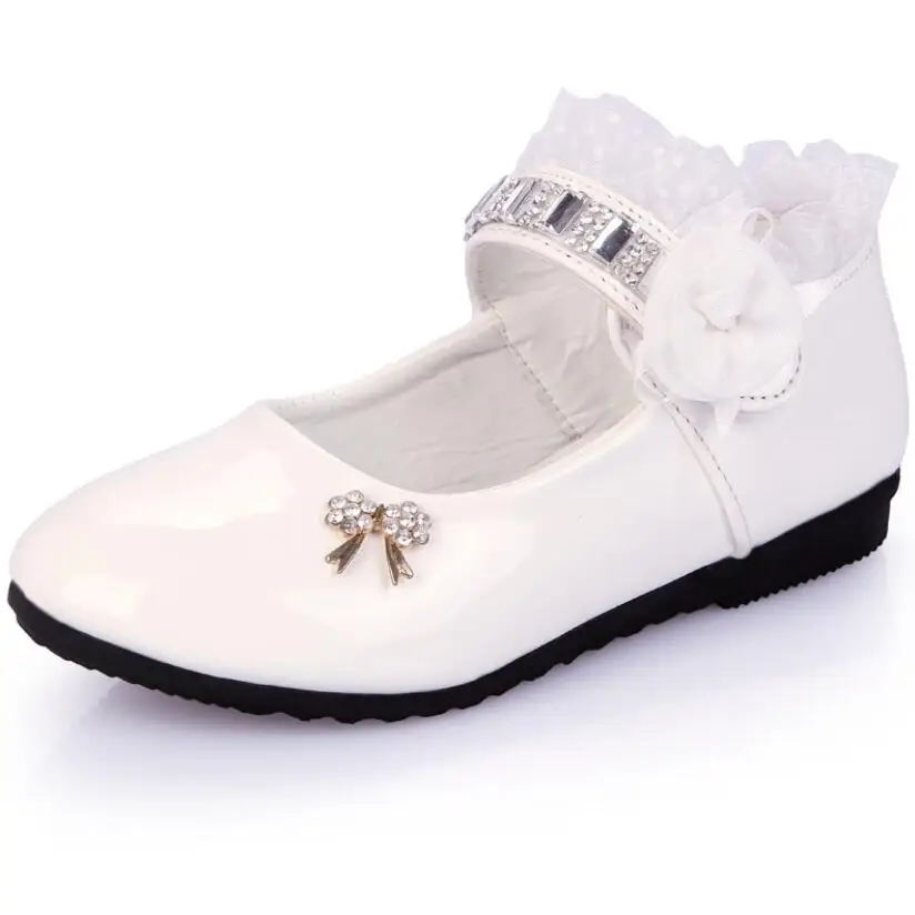 

Flower Girls Shoes Spring Autumn Princess Lace PU Leather Shoes Cute Bowknot Rhinestone For 3-11 Ages Toddler ShoesMoccasins