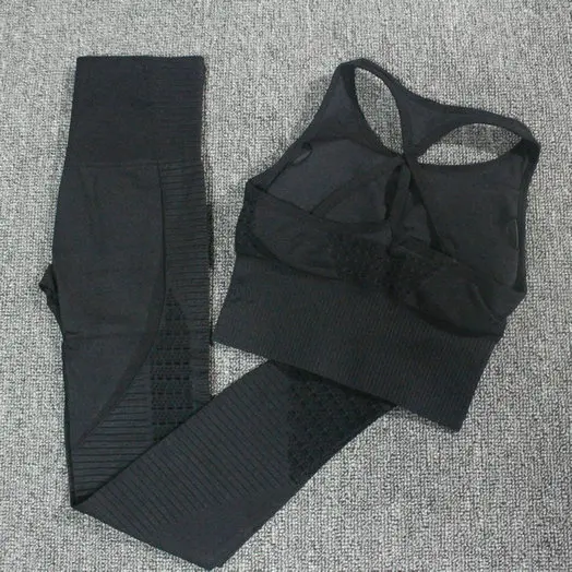 Black Set Комплект из 2 предметов для йоги, спортивный бюстгальтер без косточек, женские бесшовные леггинсы с высокой талией, спортивный костюм пуш-ап, костюм для фитнеса для тренировки - Цвет: Black Set