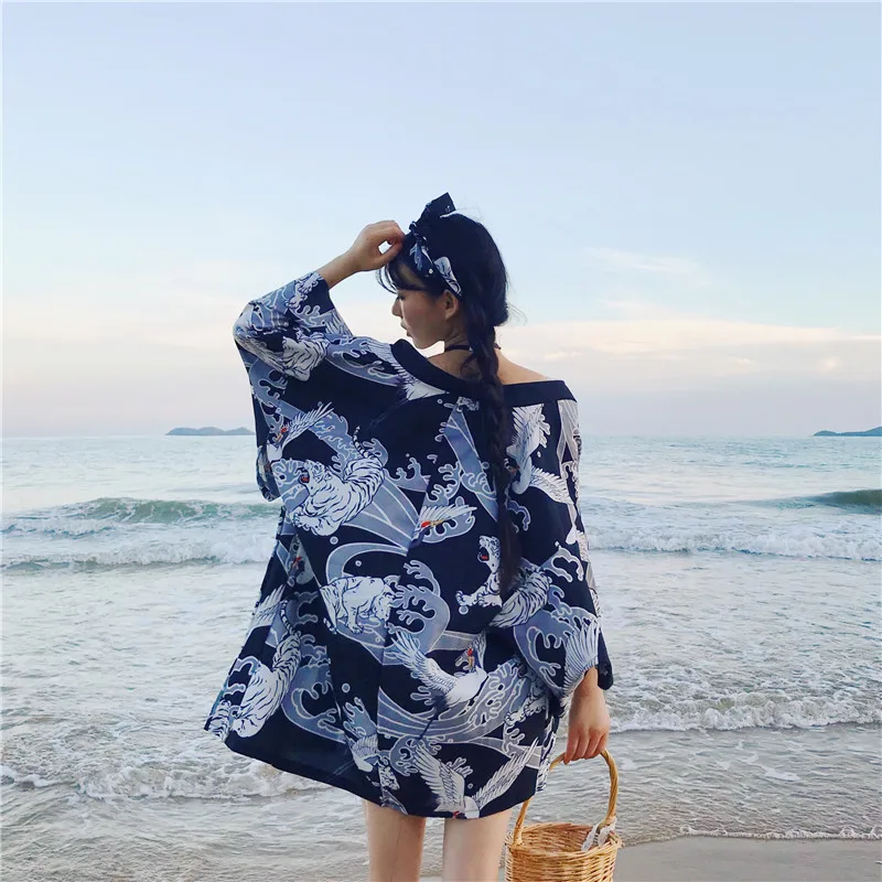 Новое традиционное японское кимоно свободный кардиган женский косплей рубашка тонкое кимоно юката летнее пляжное пальто солнцезащитный Haori Geisha - Цвет: Black