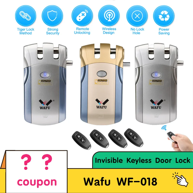 Wafu WF-018, умный замок, беспроводной пульт дистанционного управления, замок безопасности, невидимый, без ключа, дверной замок, цинковый сплав, металл, с 4 дистанционными клавишами