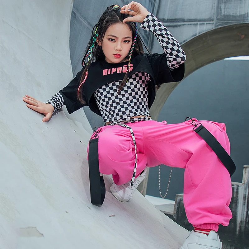 Children Hip Hop Dance Clothes Lattice Tops For Girls Casual Cargo Pants Jazz Performance Rave Wear Street Dance Costume BL7097