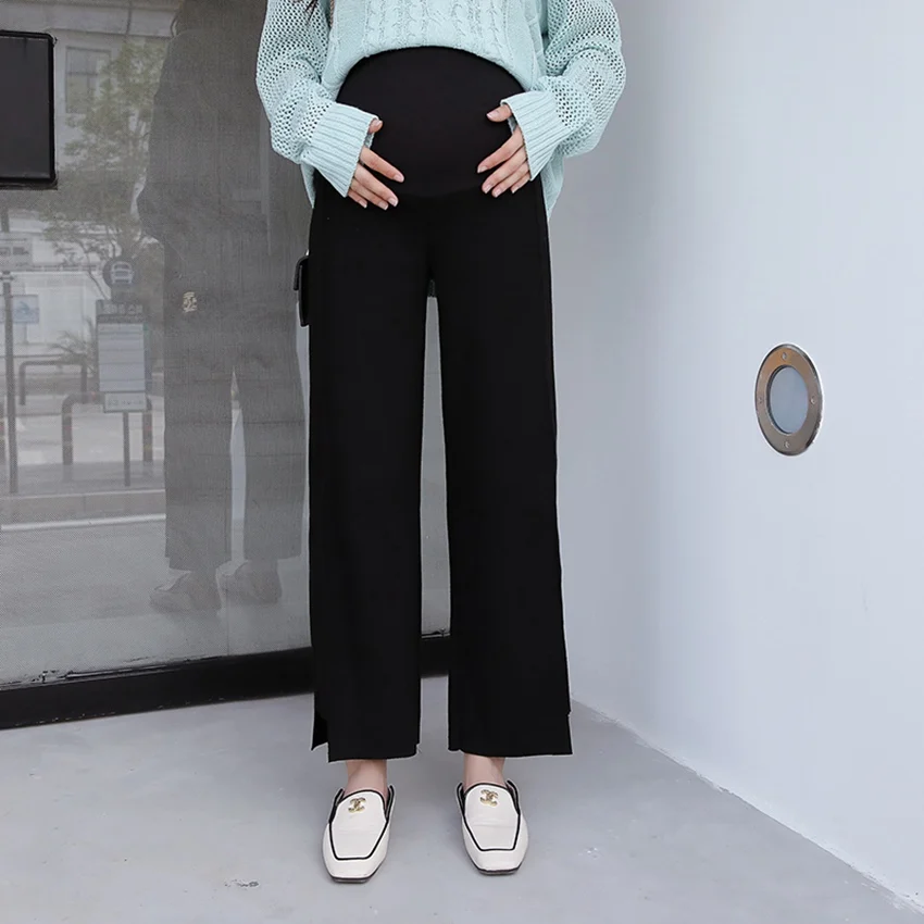Женские брюки с широкими штанинами для беременных; сезон осень-зима; новая Корейская версия; Свободные повседневные плотные трикотажные брюки для беременных - Цвет: Черный