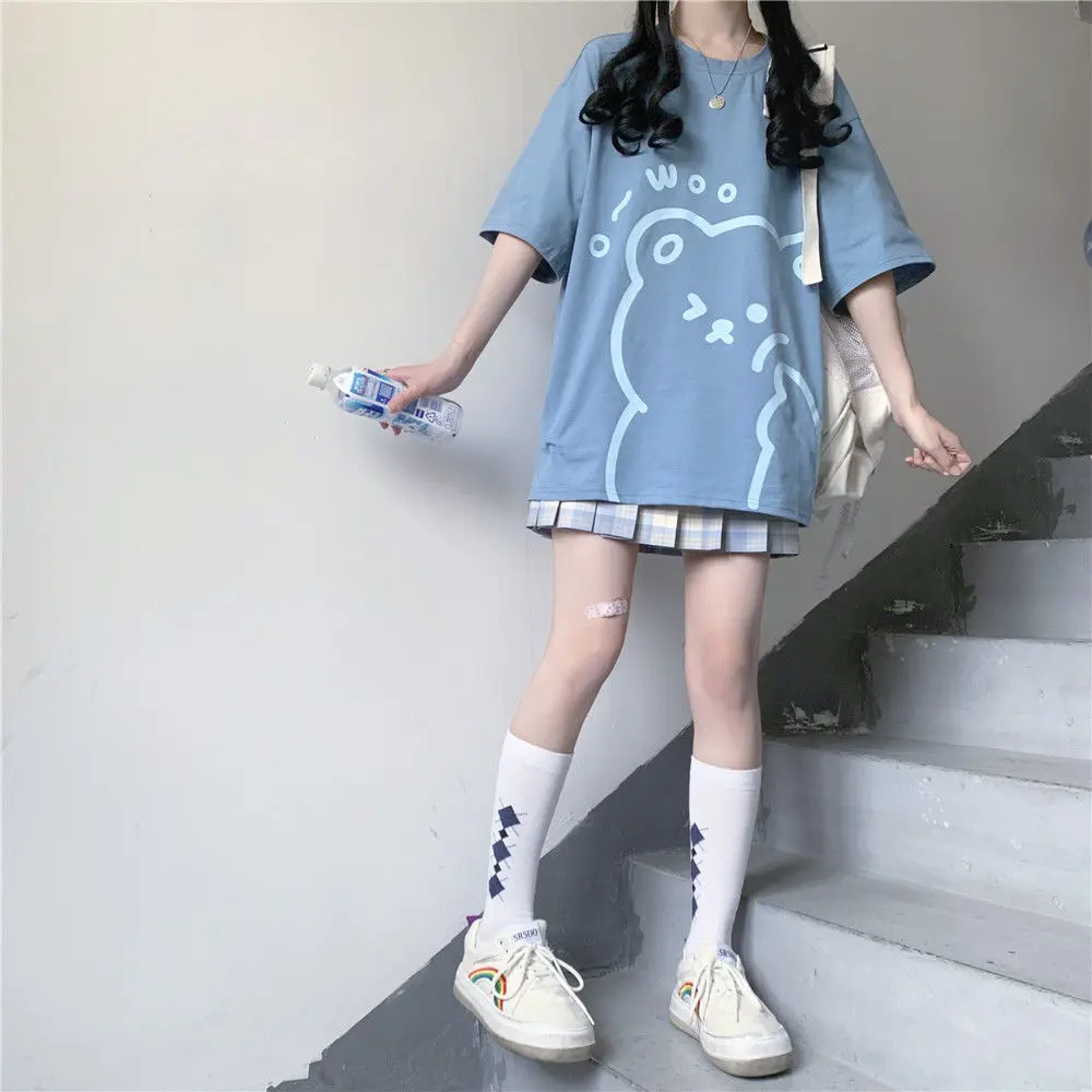 Japanese Casual Cartoon Summer Short-sleeved T-shirt Female Student Loose Soft Girl Cute College Style All-match Loose Top New winter jackets for men