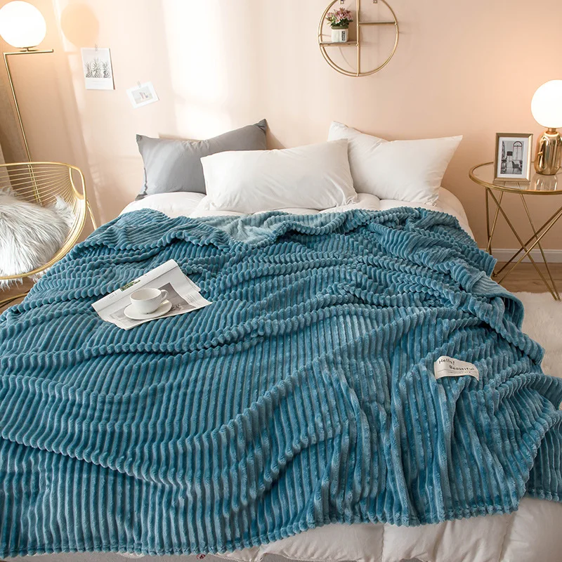 Autumn Winter Stripe Thicken Blanket Solid Color Soft Warm Coral Fleece Throw Flannel Sofa Bed Sheet Blankets- All Season