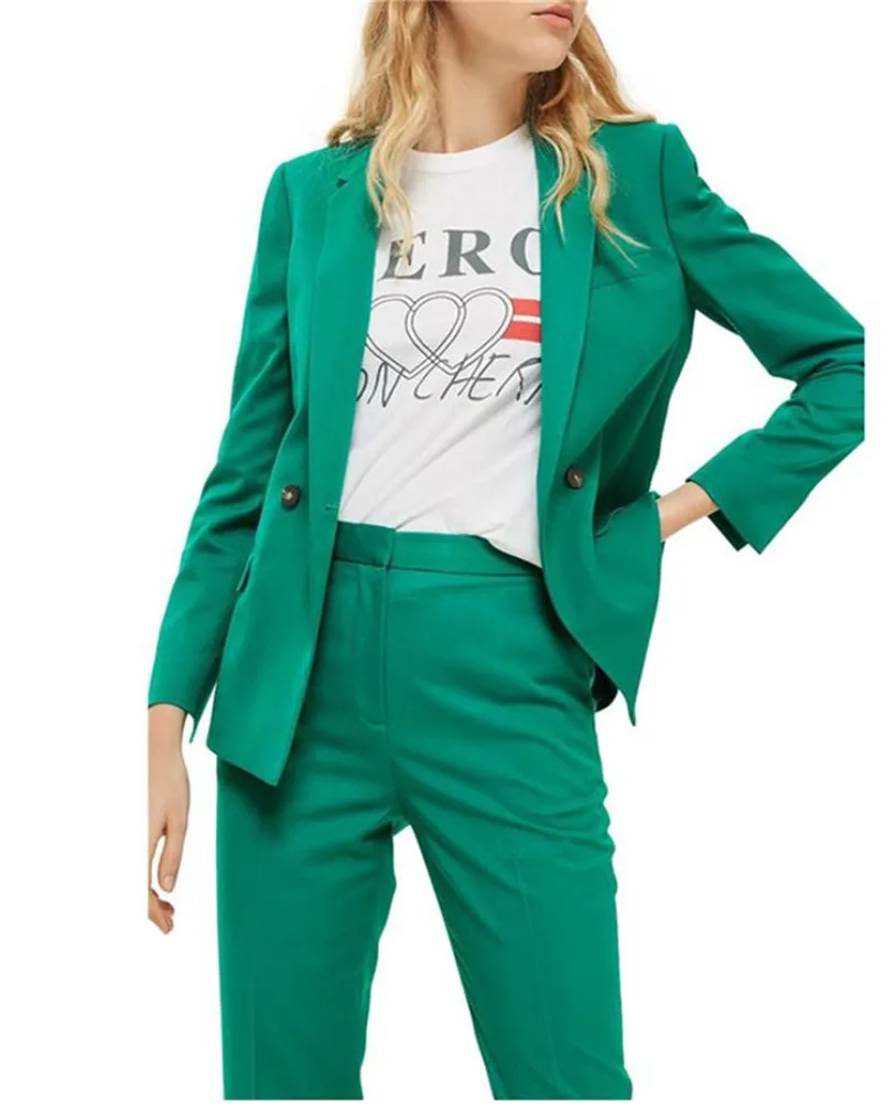 

2 PCs Women Pant Suits Jacket+Pants Green Notch Lapel Women Business Womens Pantsuit Office Female Trouser Suit Custom Made