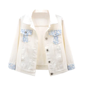 

Stitching Lace Seven-quarter sleeve Denim jacket Women Spring summer New short Section Loose Korean Denim coat White Top Female