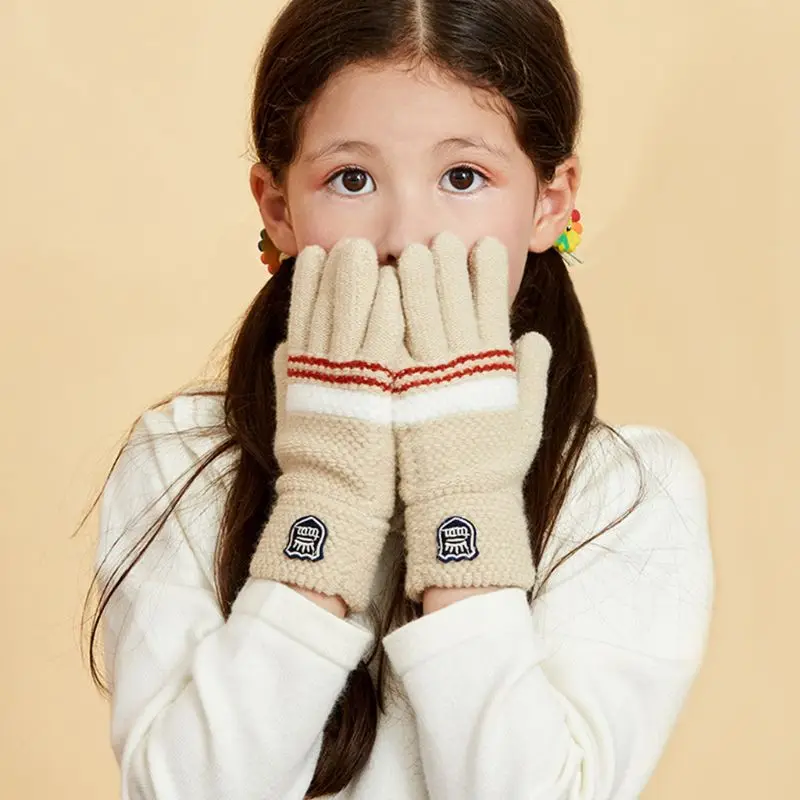 Children Boys Girls Winter Thick Knitted Full Finger Gloves Stripes Badge Applique Elastic Cuff Kids Student Plain Mittens 6-12T