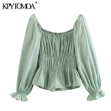 KPYTOMOA, blusas con volantes elásticas de moda dulce 2020 para mujer, blusas Vintage de manga tres cuartos con cuello cuadrado, blusas elegantes para mujer