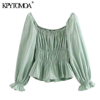 

KPYTOMOA Women 2020 Sweet Fashion Stretch Ruffled Blouses Vintage Square Collar Three Quarter Sleeve Female Shirts Chic Tops