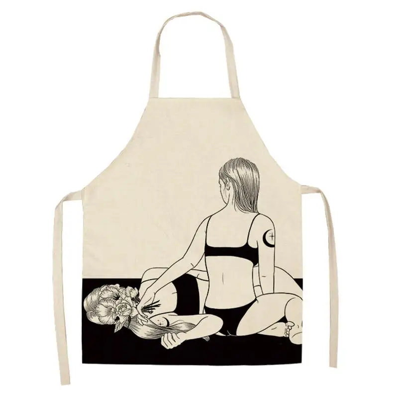 Black White Aprons Women Men Flower Cotton Linen Aprons for Kitchen Home Cooking Baking Cleaning Accessories WQ115
