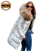 Fandy lokar, белый утиный пух, куртки для женщин, зимние, тонкие, теплые, настоящий, большой мех енота, с капюшоном, пальто, женский пуховик, длинная куртка