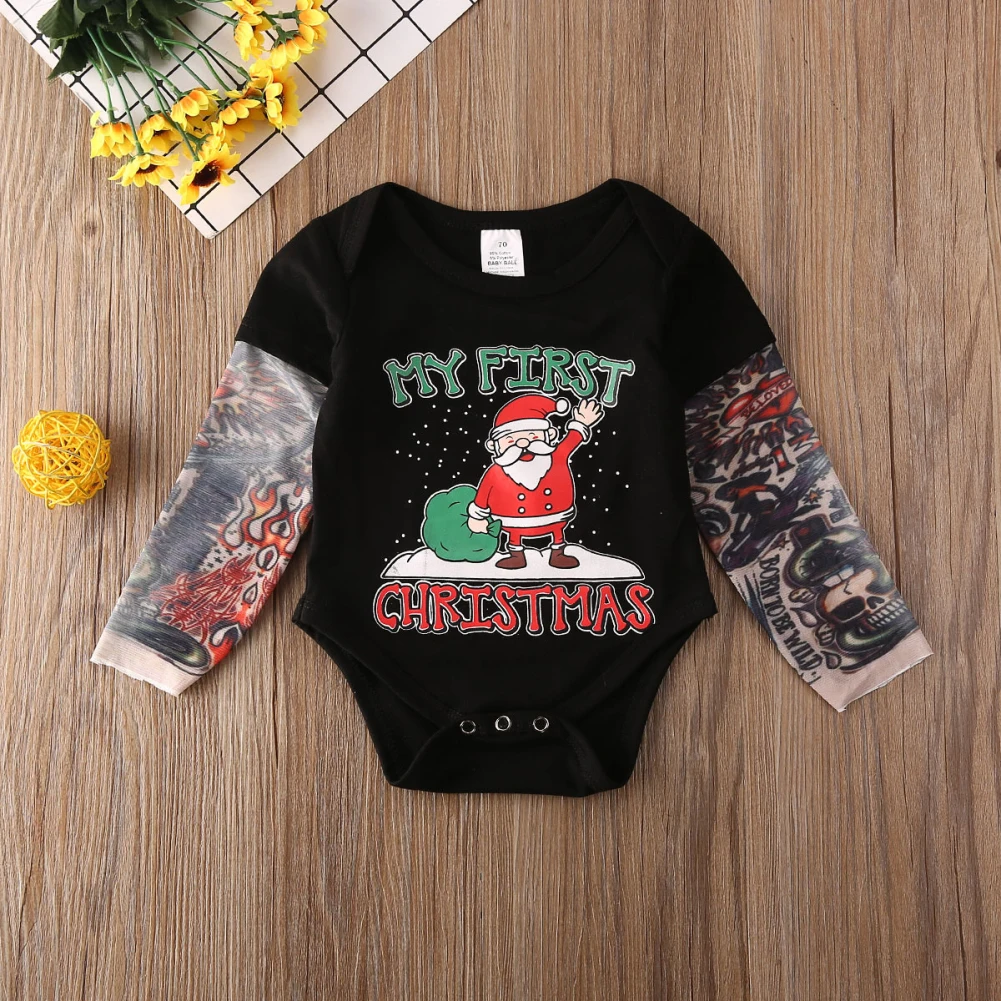 С надписью My First Christmas, для новорожденных, для маленьких мальчиков и девочек с длинными рукавами; детский хлопковый облегающий комбинезон, костюм, детская одежда на возраст от 0 до 18 месяцев