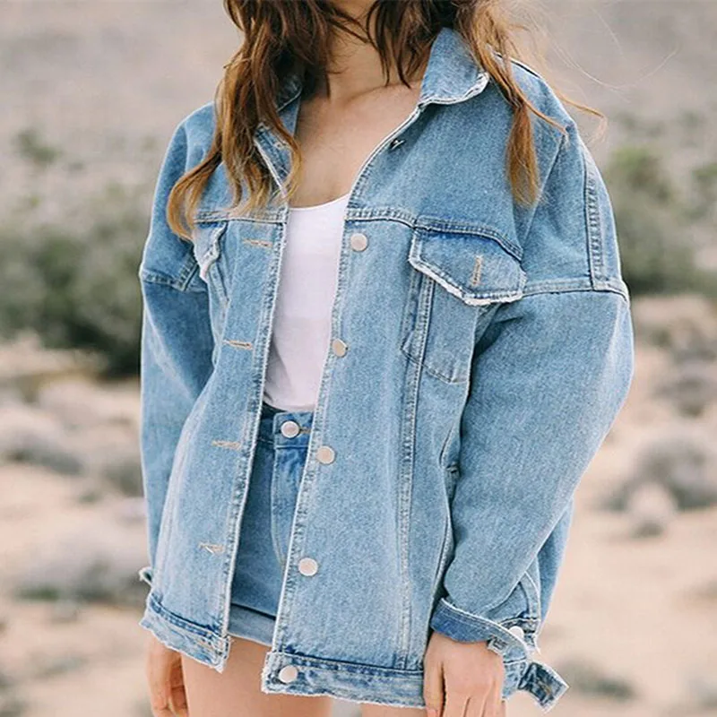 

Women Denim Jacket Loose Casual Basic Outerwear Jeans Coats and Jackets Women Clothes Turn-down Collar Blue Vintage Denim Jacket