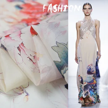 

Floral print pure silk organza satin fabric 135cm width positioning 130cm length,SOZ190