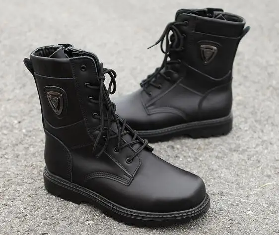 

Spring Autumn Genuine Leather Military boots Fashion lace-up zip falt Mid-Calf oxford round toe Martin boots