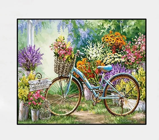 

Bicycle Flower Framed Oil Pictures Painting By Numbers Wall Art Handwork Canvas Oil Painting DIY Home Living Room Decor