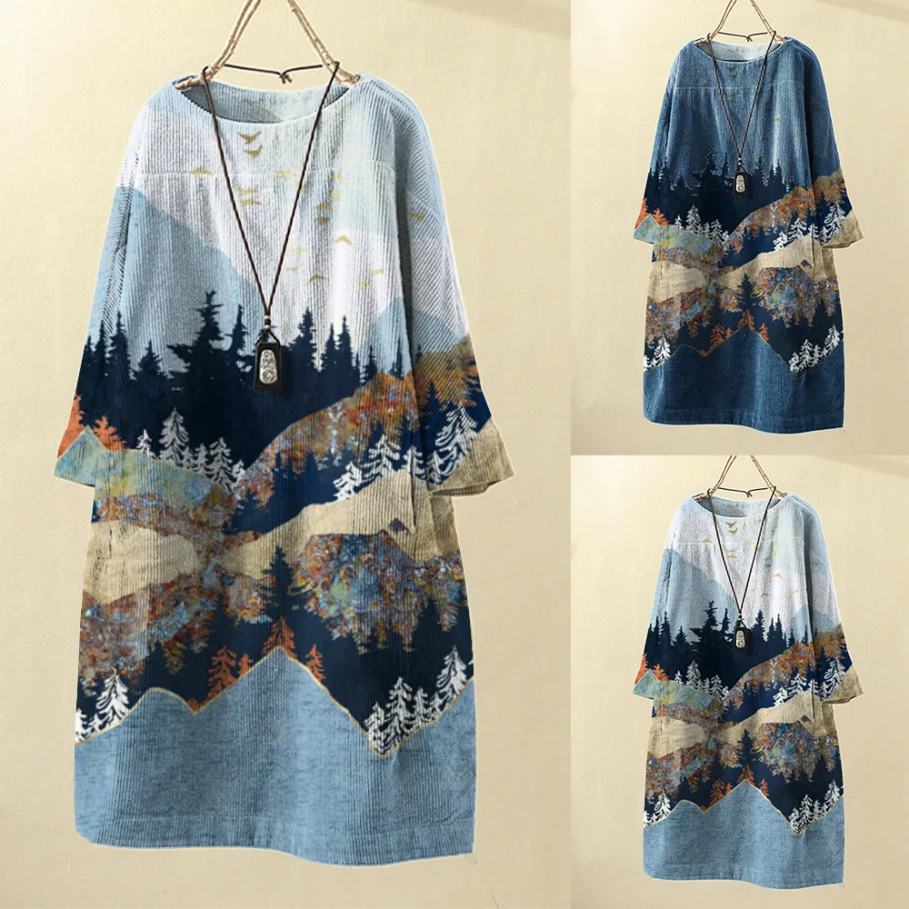 

2021 autumn and winter new round neck pullover long sleeve landscape painting printed corduroy women's casual dress