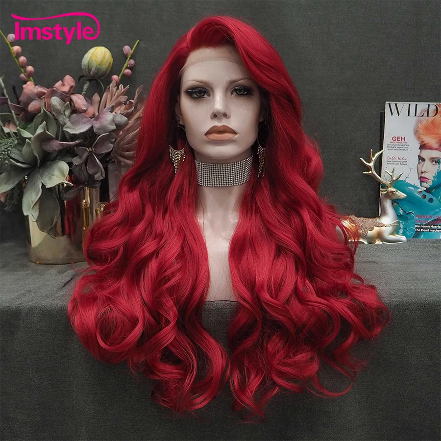 Imstyle Red Wig Long Synthetic Lace Front Wig Natural Wavy Cosplay Wigs For Women Heat Resistant Fiber White Brown Lace Wigs