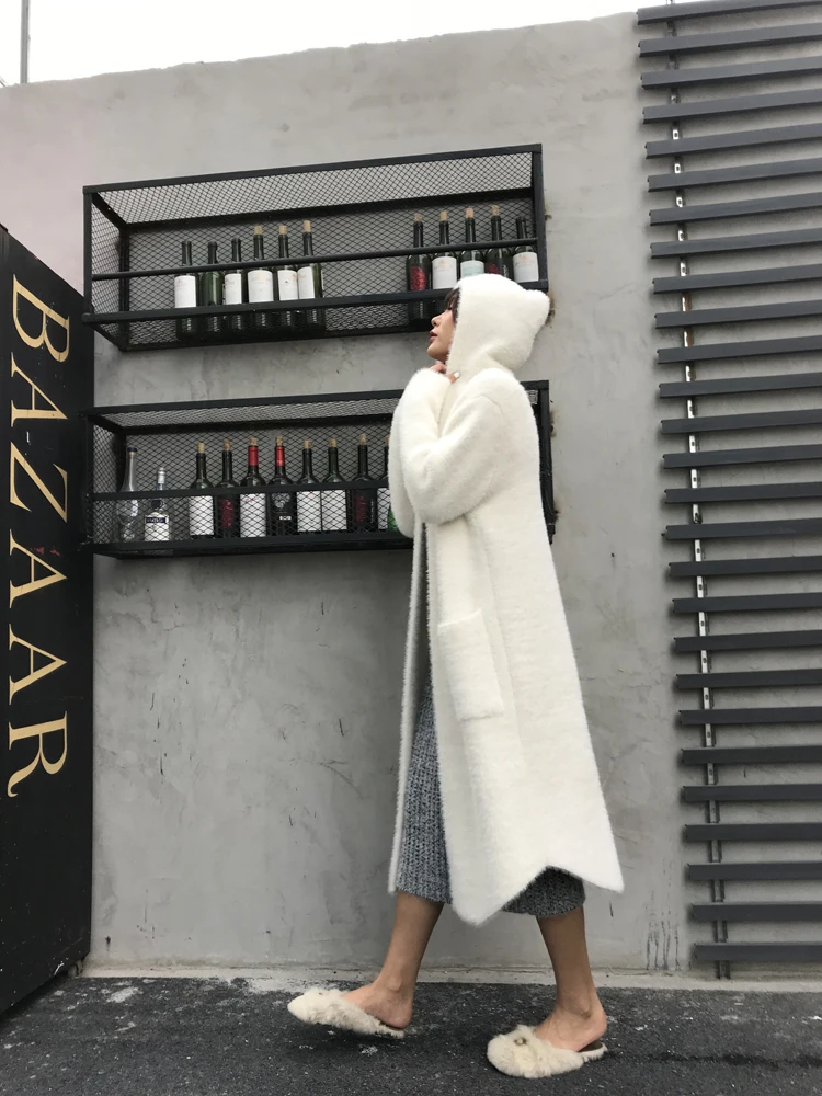 Женские кардиганы с длинным рукавом, большие размеры, с капюшоном, с мехом, зимние, повседневные, свободные, из искусственной норки, с капюшоном, свитер, кардиган