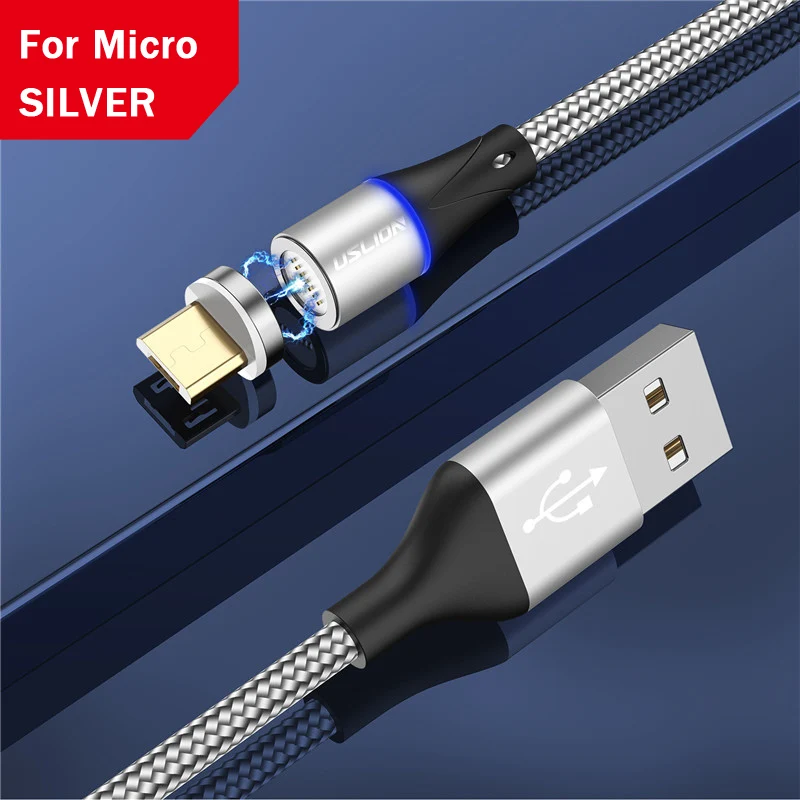 USLION 3A Магнитный кабель для быстрой зарядки Micro USB C для iPhone 11 X samsung Xiaomi Магнитный usb type C кабели для мобильных телефонов - Цвет: Silver for Micro