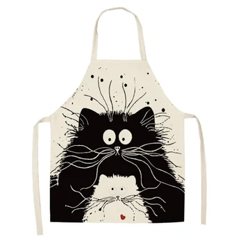 

Cooking Kitchen Apron Cute Cat Printed Sleeveless Cotton Linen Apron For Woman Children