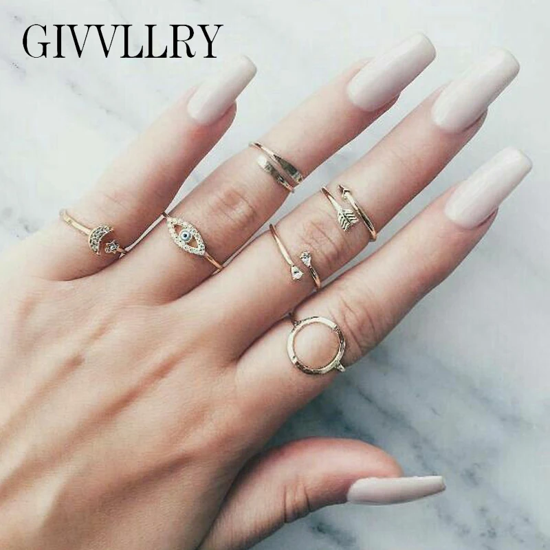 

GIVVLLRY 6 pcs/set Minimalist Knuckle Rings for Women Bohemian Rhinestones Eyes Star Moon Arrow Geometric Midi Rings Set Jewelry