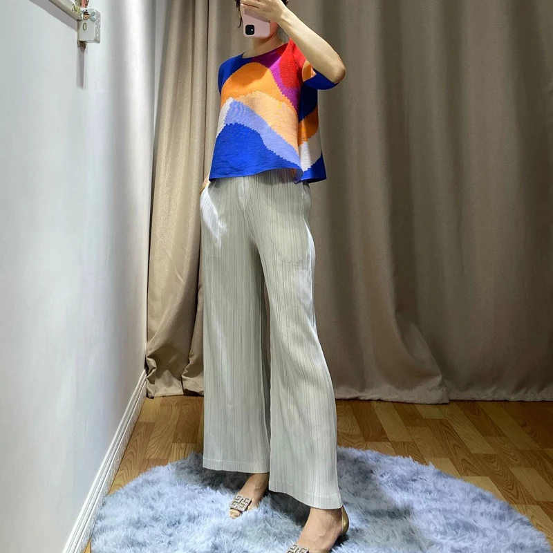 Весенняя Новинка Miyake, плиссированный топ, свободный, короткий, круглый вырез, 7/4 рукав, тонкая Базовая футболка, тренд