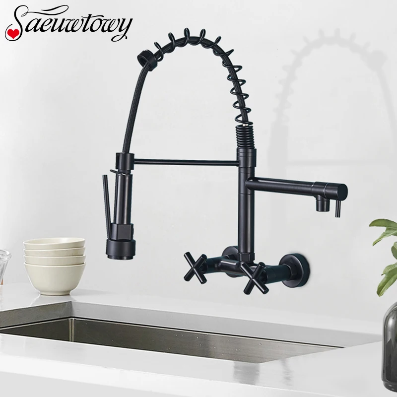 Grifo de cocina de resorte montado en la pared, mezclador de fregadero de cocina de agua caliente y fría, mezclador de fregadero
