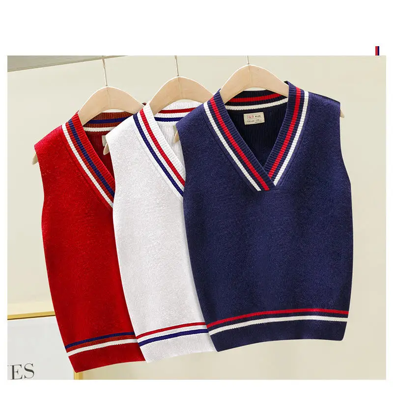 

2019 Preppy Style Vest for Big Boys Autumn Winter Knitted Sleeveless Sweaters for Teenage Girls Student Uniform V-neck Clothes