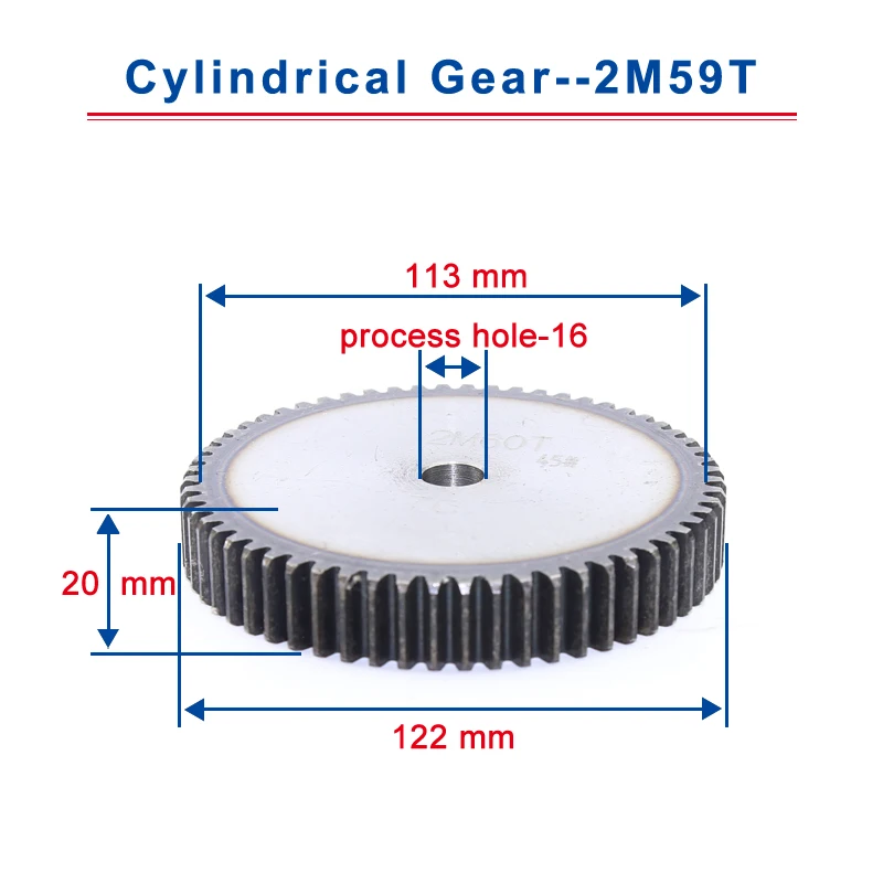 

1piece 2M59T spur gear teeth outer diameter 122mm cylindrical gear process hole 16mm flat gear 45#carbon steel total height 20mm