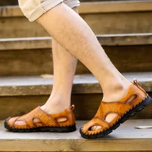 Мужские сандалии из натуральной кожи; коллекция года; Летняя мужская обувь без шнуровки; летние мужские туфли на плоской подошве; мужские пляжные сандалии из коровьей кожи; A1110