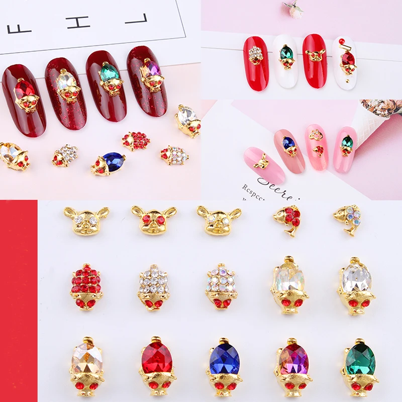 100 Pcs Gold Pig Design Nail Rhinestones Cute Pig Pattern Chinese Lucky Image Gold Base Diamond Gems Nail Charms Rhinestones JC6