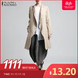 ZANZEA/Осенняя Женская куртка с длинными рукавами и отворотами, хлопковый льняной кардиган, Повседневная Верхняя одежда с открытым передом