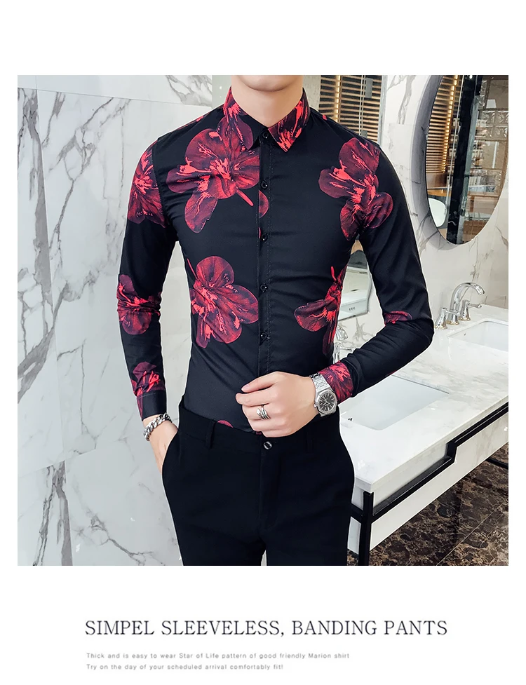 Camisa, мужская рубашка с длинным рукавом и цветочным принтом, городская одежда для мужчин, Клубные, вечерние, свадебные рубашки для мужчин