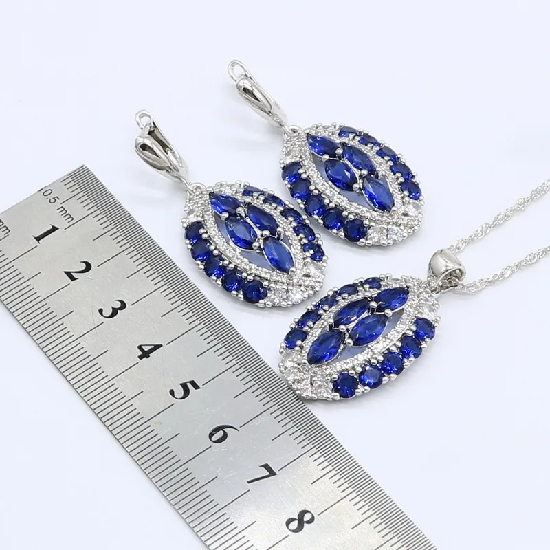 Dark Blue Zircon 925 Silver Jewelry Sets for Women Bracelet Earrings Necklace Pendant Ring Gift Box