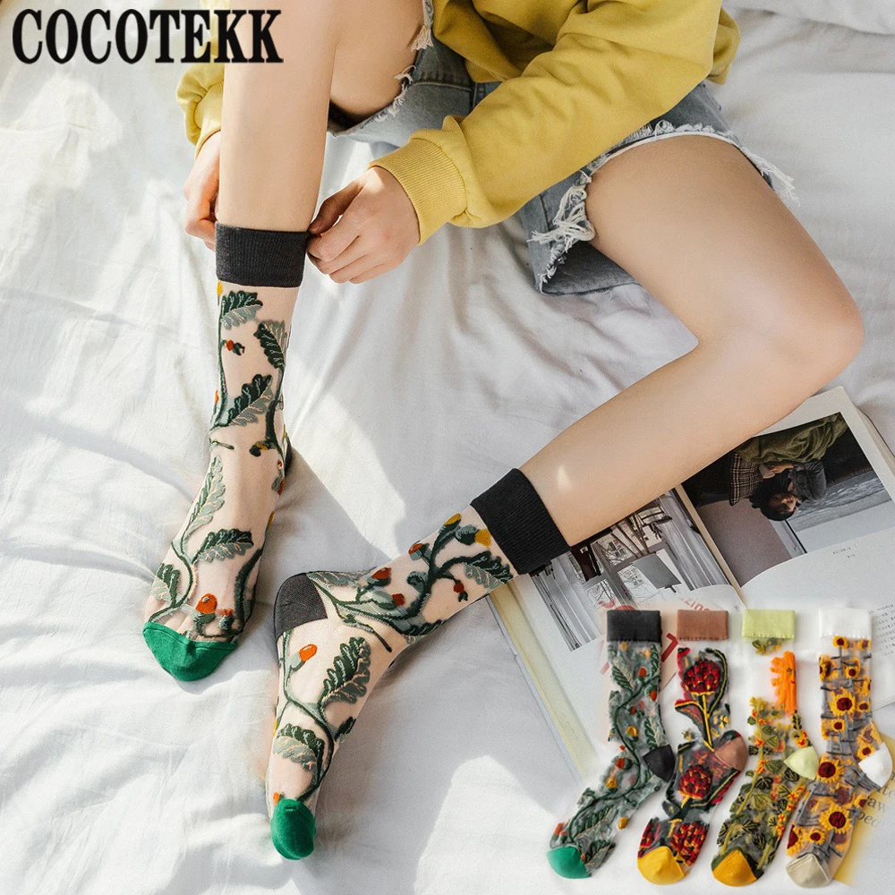 Chaussettes longues en résille pour femmes et filles, transparentes, mignonnes, fines, Harajuku, streetwear, maille, cool, fleur, mode estivale