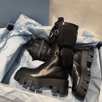 

Walking show women's boots fall winter 2019 new British style muffin thick bottom medium boots with strap and buckle high