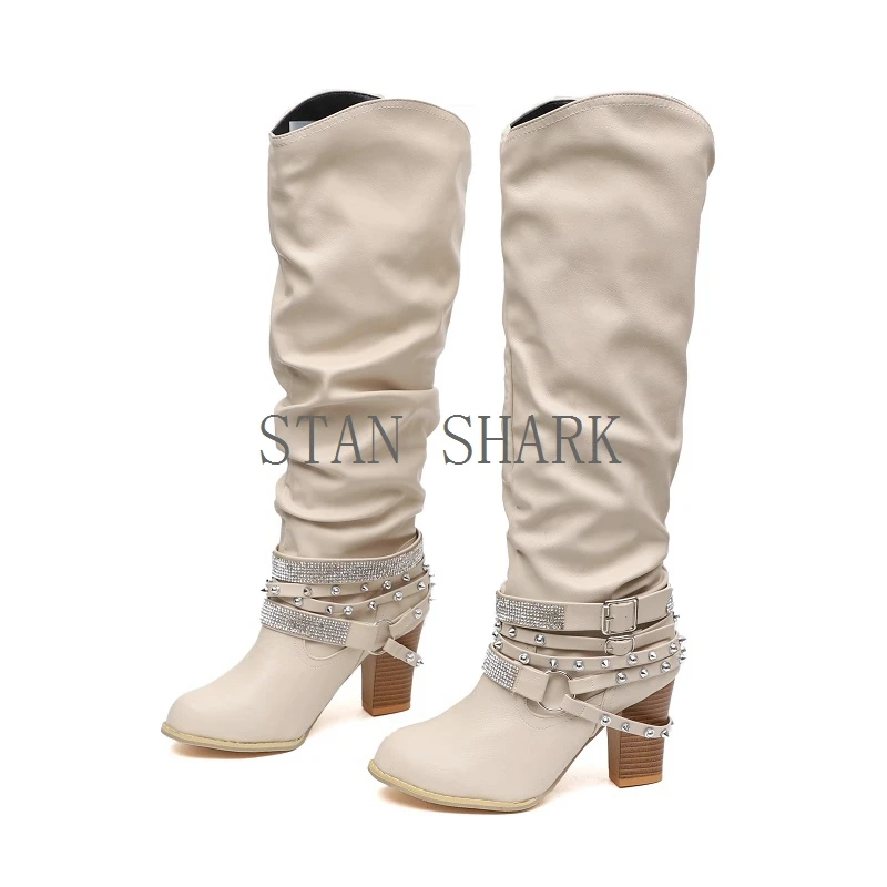 STAN SHARK/новые модные ботинки в стиле панк готик с круглым носком и ремешком женская обувь на высоком каблуке со стразами сапоги до колена mujer zapatos