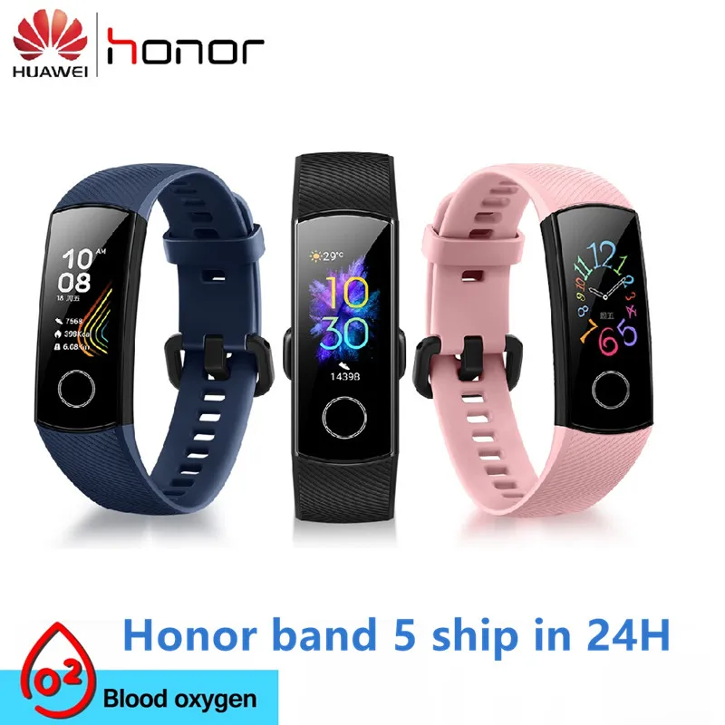 Günstige Auf lager Huawei Honor Band 5 Blut Sauerstoff Test Fitness Wasserdicht Smartband AMOLED Touchscreen Schwimmen Haltung Erkennen Herz Rate