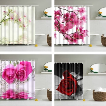 

Bathroom Supply Shower Curtains Set Flowers Printed Waterproof Polyester Fabric Cloth Bath Curtain Screen With Hooks