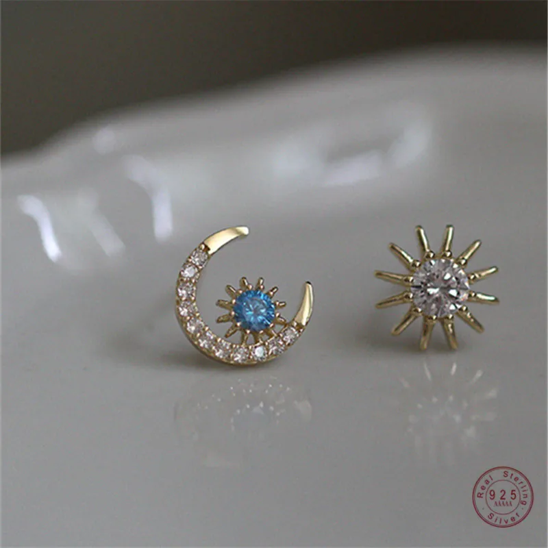 925 Sterling Silver Star Moon Stud Earrings Women 14k Gold Plating Inlaid Blue Crystal Temperament Elegant Goddess Jewelry Gift