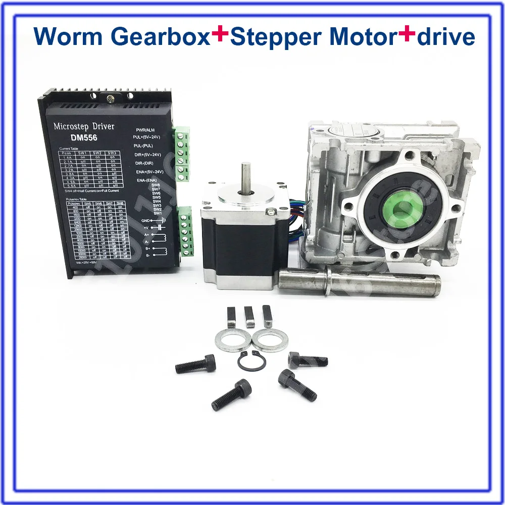 

Ratio 20:1 Worm Gearbox RV030 Speed Reducer + Nema23 Stepper Motor DM556 Driver 1.8NM 260Oz-in Convert 90degree for CNC Router