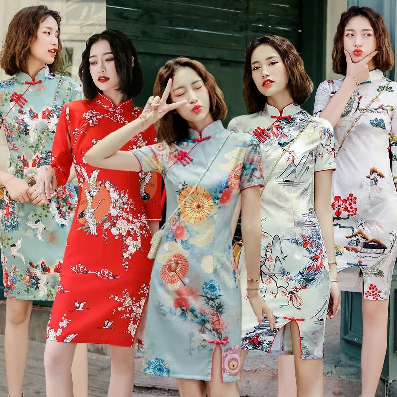 

Chinese Qipao Classic Women Improved Retro Art Cheongsam Elegant Collar Cheongsam Four-sided Bomb Short Single Layer Clothes