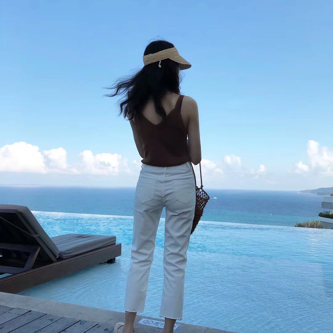 New Style Simple White Fringed Ankle-length High-waisted Jeans Wom