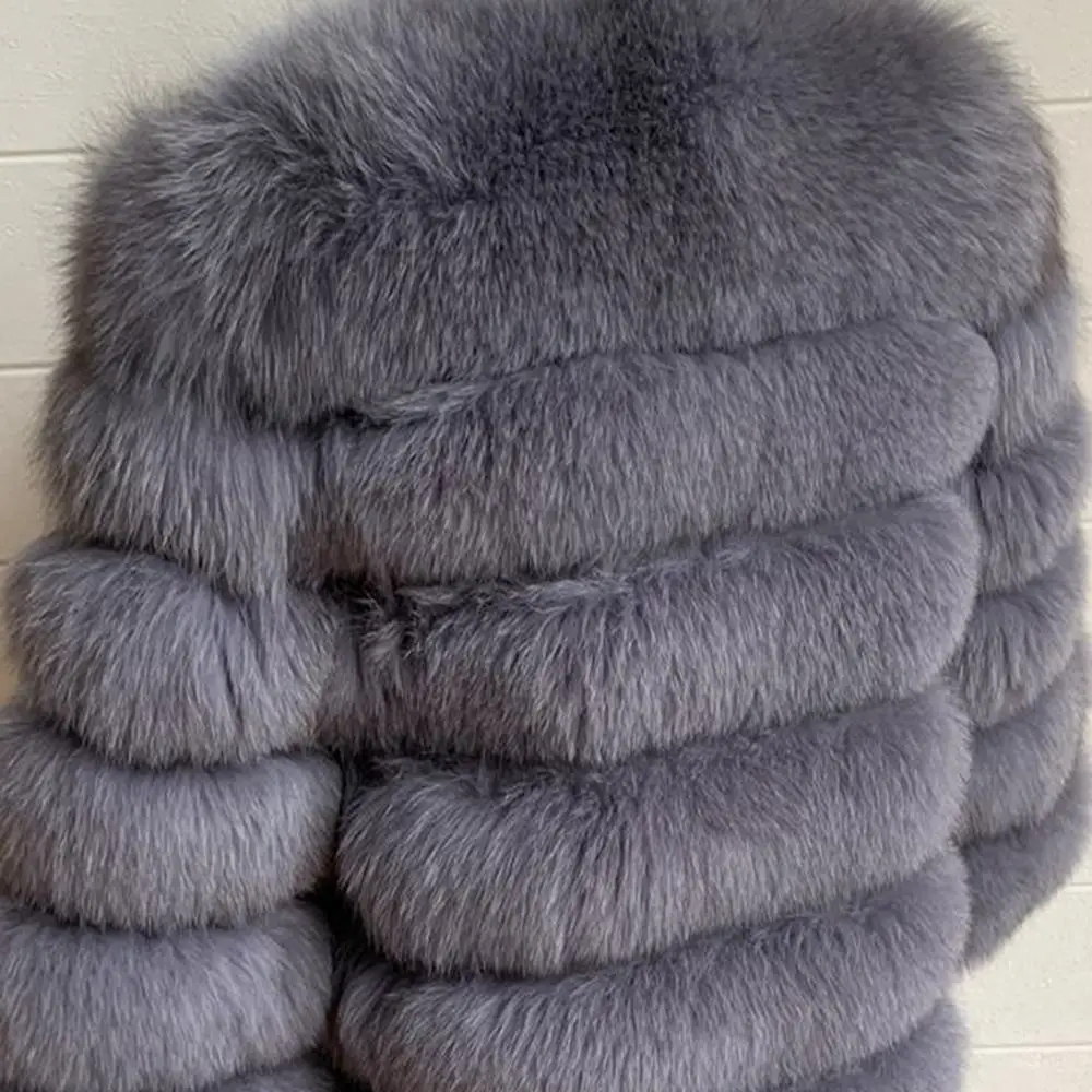 Blue and grey Пальто из настоящего меха, женская теплая и стильная куртка из натурального Лисьего меха, жилет с воротником-стойкой и длинным рукавом, кожаное пальто, пальто из натурального меха - Цвет: Blue and grey