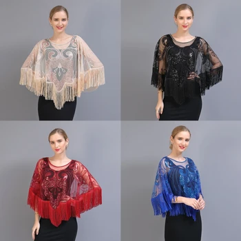 

Women Net Yarn Irregular Tassel Hem Slipover Shawl Modern Dance Sequin Cape 83XF