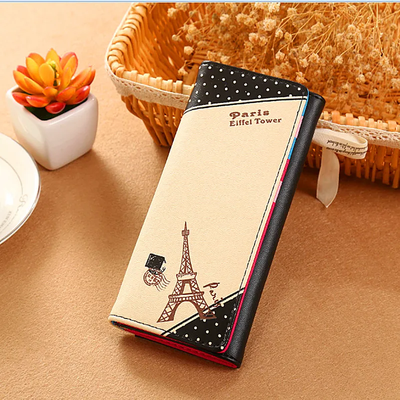 

Woman's wallet Long no Zipper Brand Leather Coin Purses Eiffel Tower girl Clutch Wallets Female Money Bag Paris Card Holder 387